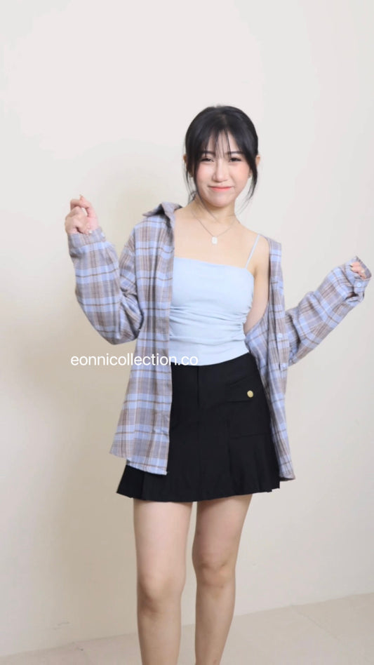 #1041 Navy Plaid Blouse & Padded Strappy Camisole Set