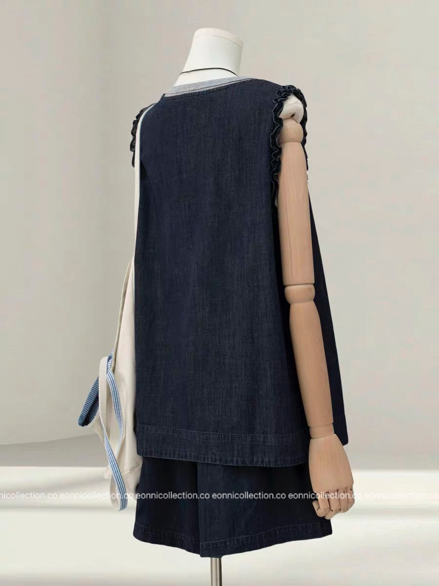 #2107 Colorblock Layered-Look Tank & Denim Shorts Set