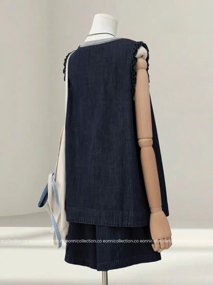 #2107 Colorblock Layered-Look Tank & Denim Shorts Set