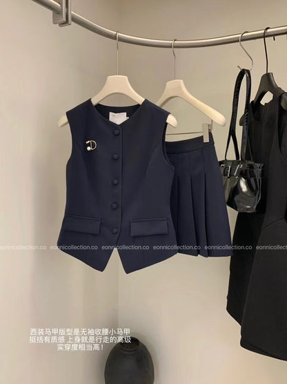 #2098 Modern Sophisticated Vest & Pleated Skirt Set with Brooch