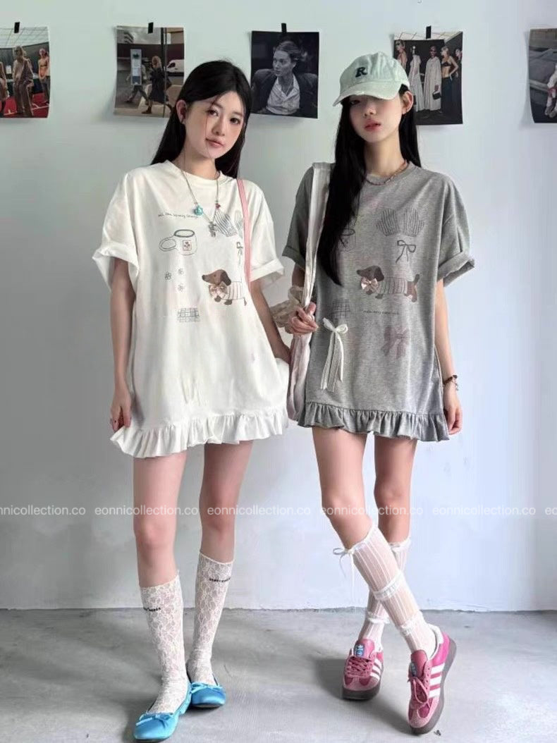 #1067 Korean Streetwear Graphic Tee Edgy Dachshund Print（2 Colors）