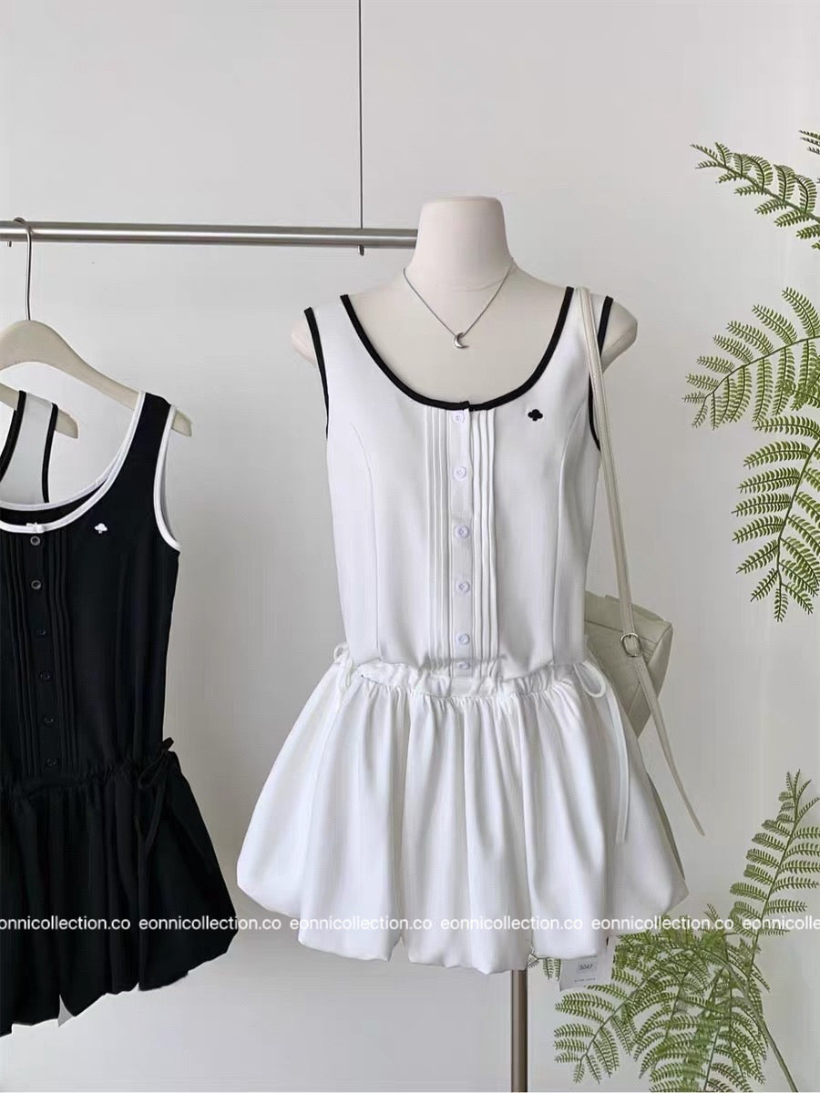 #2034 Sporty Waist Defining Peplum Puff Hem Dress（2 Colors）