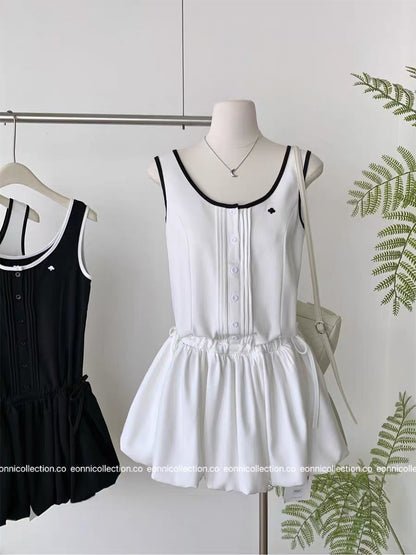 #2034 Sporty Waist Defining Peplum Puff Hem Dress（2 Colors）