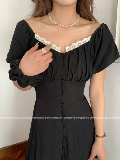 #2087 Romantic Puff Sleeve Square Neck Dress + Hair Tie Set（3 Colors）