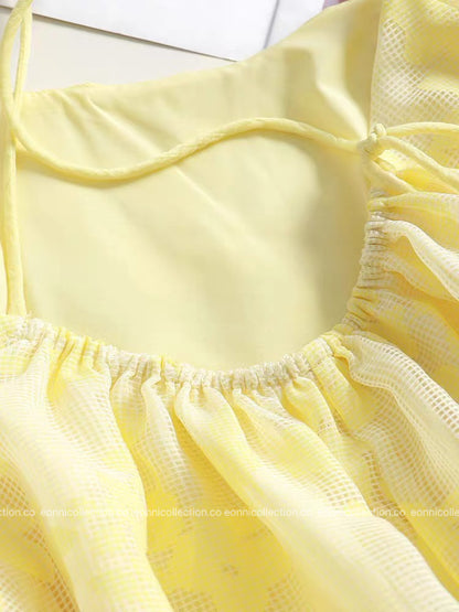 #2099 Zhao Lusi Inspired Yellow Floral Camisole Puff Dress Top