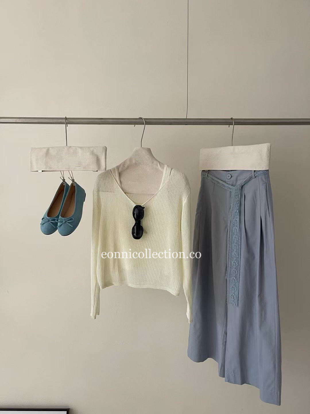 #3015 Washed Cotton Solid Wide-Leg Pants w/  Elastic & Lace Tie - Light Blue
