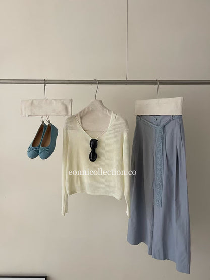 #3015 Washed Cotton Solid Wide-Leg Pants w/  Elastic & Lace Tie - Light Blue