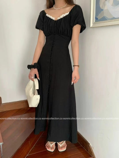 #2087 Romantic Puff Sleeve Square Neck Dress + Hair Tie Set（3 Colors）