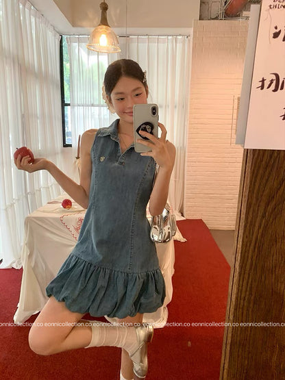 #2116 Korean Denim Bubble Hem Tank Dress