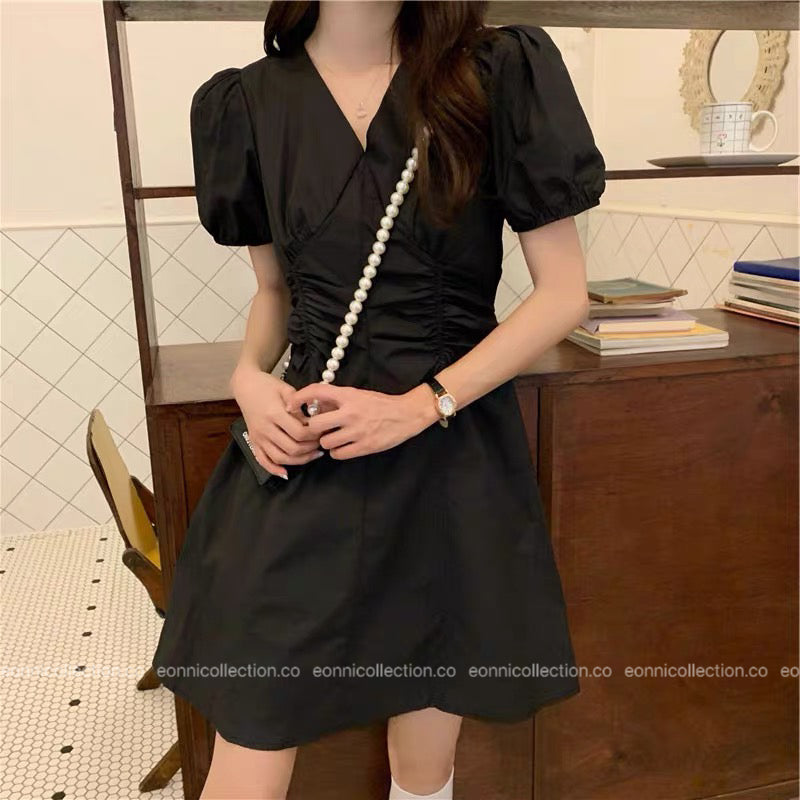 #2095 Korean V Neck Waist Gathered A Line Dress（3 Colors）