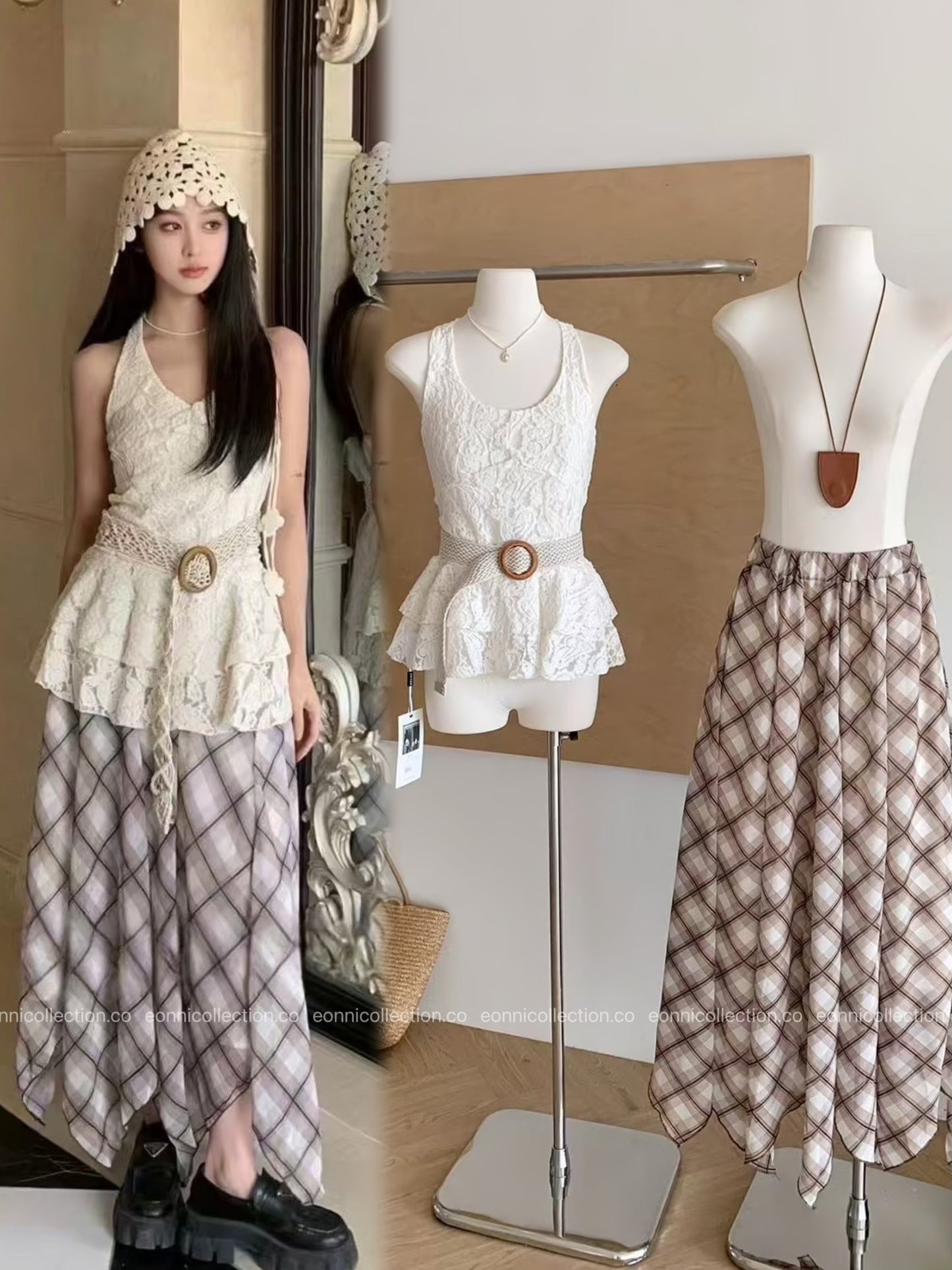 #2076 Lace Halter Camisole Set V Neck Top + Plaid Skirt with Belt