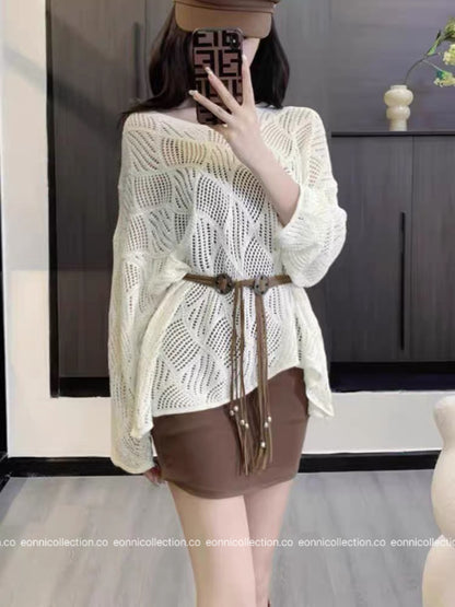 #1102 Knit Crochet-Inspired Belted Top