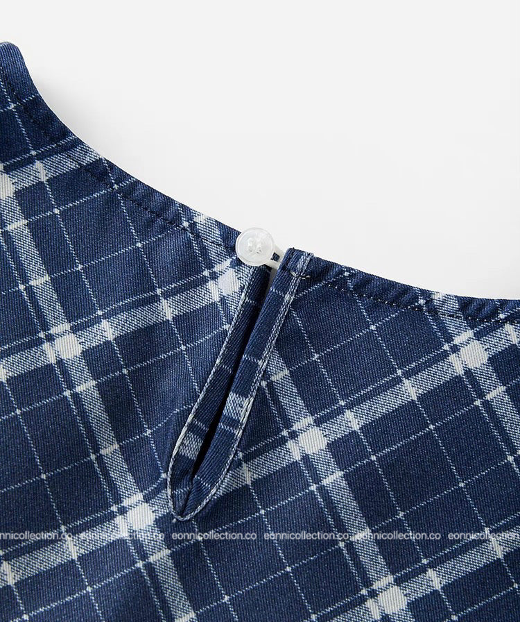 #1072 Navy Checkered Pleated Crop Top Tailored Waist & Side Slit Hem