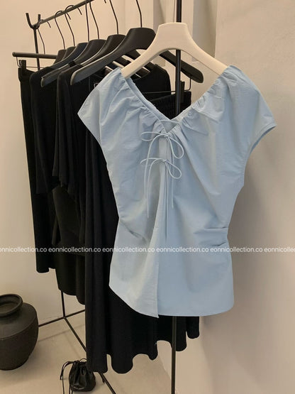 #1079 Crinkled V Neck Blouse Hand Pleated Neckline（4 Colors）