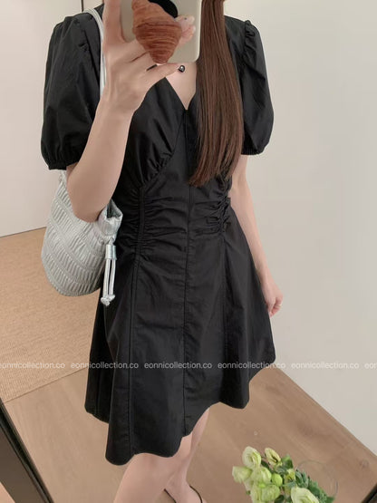#2095 Korean V Neck Waist Gathered A Line Dress（3 Colors）