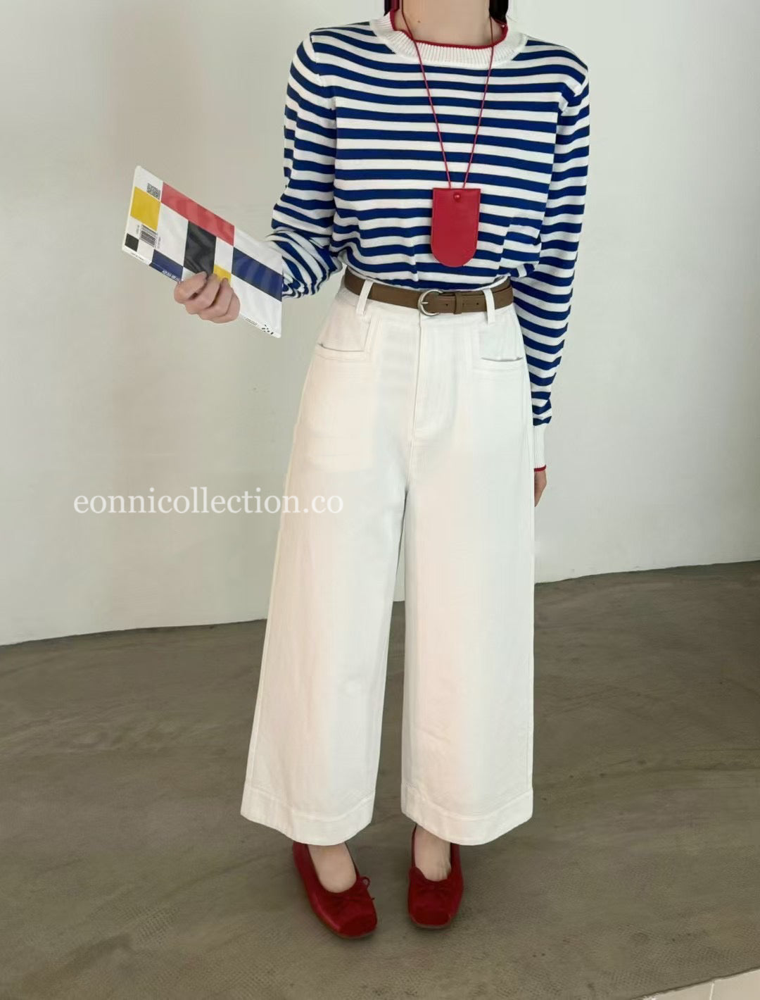 #3011 Korean Style High Waisted Washed Cotton Straight Leg Ankle Pants w/ Belt - White