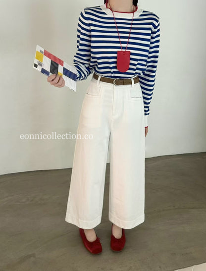 #3011 Korean Style High Waisted Washed Cotton Straight Leg Ankle Pants w/ Belt - White
