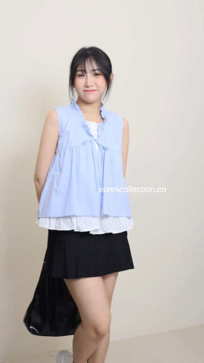 #1054 Korean Style Mock Two Piece Ruffled Sleeveless Blouse - Blue