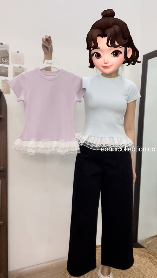 #1034 Lace-Paneled Cotton Tee - Blue