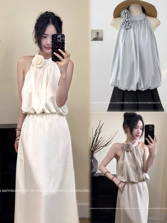 #1066 Couture Style 3D Floral Satin Halter Blouse Embossed Texture & Peplum Silhouette（3 Colors）