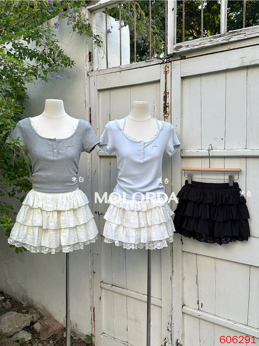 #3018 Lace Paneled A-Line Tiered Skirt - Black