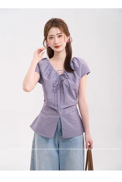 #1079 Crinkled V Neck Blouse Hand Pleated Neckline（4 Colors）