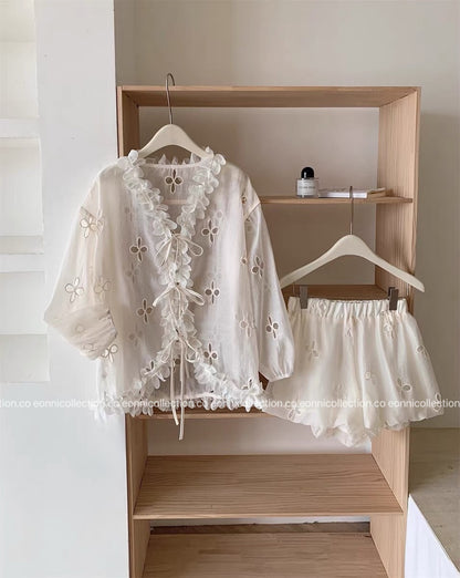 #2108 French Style Eyelet Cardigan Set – Elegant Two-Piece