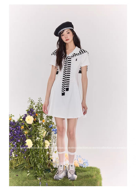 #2105 Preppy Polo Dress 3-Piece Set with Brooch（3 Colors）