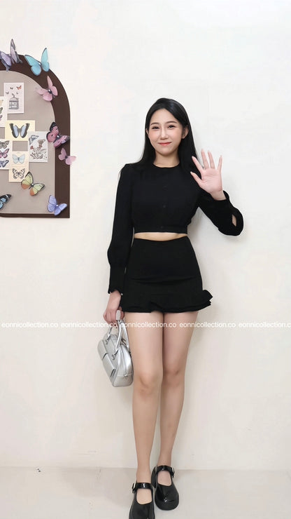 #2070 Parisian Crop Top & Flounced Pencil Skirt Ensemble - Black