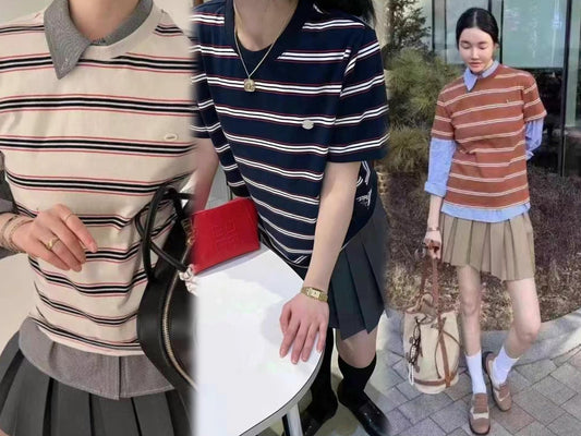 #1007 Retro Color-Blocked Stripe Tee（3 Colors)