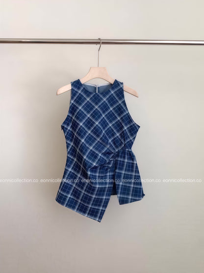 #1072 Navy Checkered Pleated Crop Top Tailored Waist & Side Slit Hem