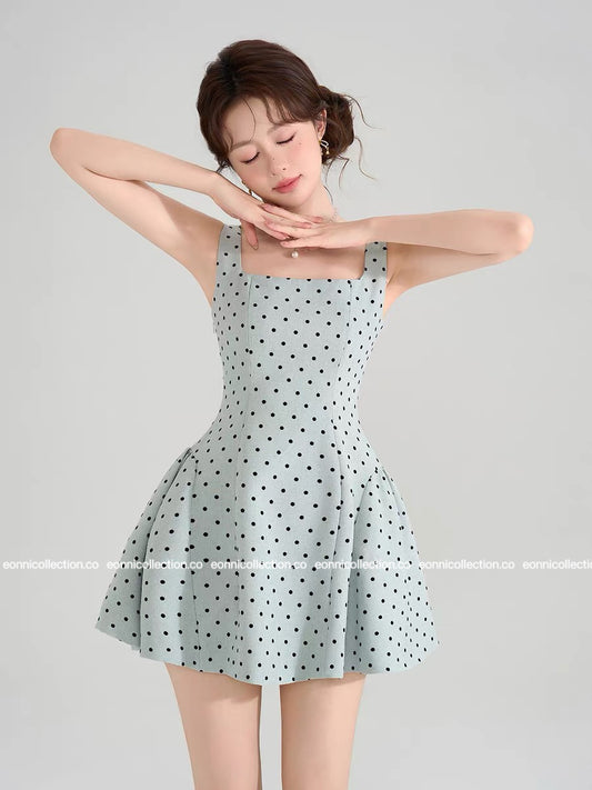 #2042 Miu Inspired Cotton Linen Polka Dot Midi Dress Corset Style Back Lacing & Fitted Waist - Ash Green
