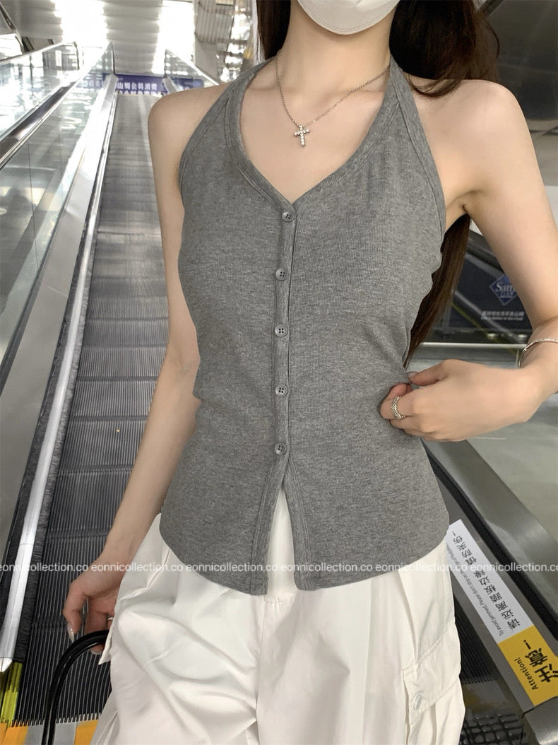 #1084 Padded Sassy Halter Top - Grey