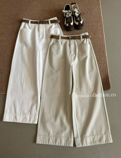 #3011 Korean Style High Waisted Washed Cotton Straight Leg Ankle Pants w/ Belt - White