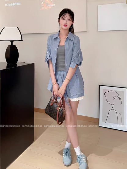 #2089 Effortless Striped Shirt + Sleeveless Camisole + Lace Trim Shorts Set