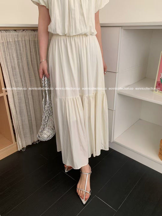 #3022 Elasticized High Waisted Cotton A Line Skirt - Beige
