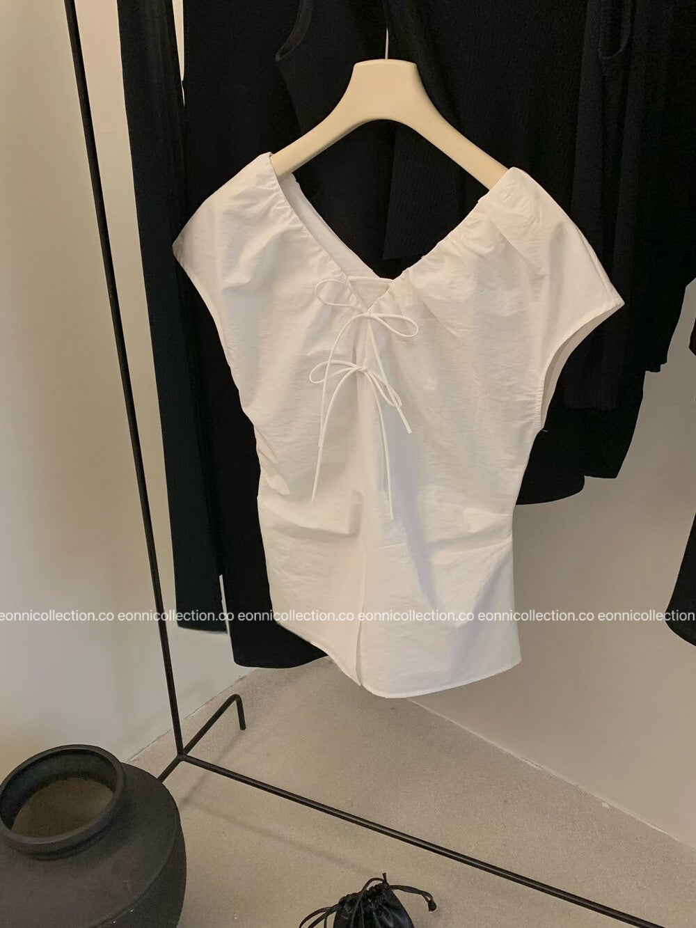 #1079 Crinkled V Neck Blouse Hand Pleated Neckline - White