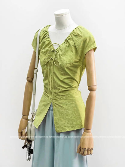 #1079 Crinkled V Neck Blouse Hand Pleated Neckline（4 Colors）