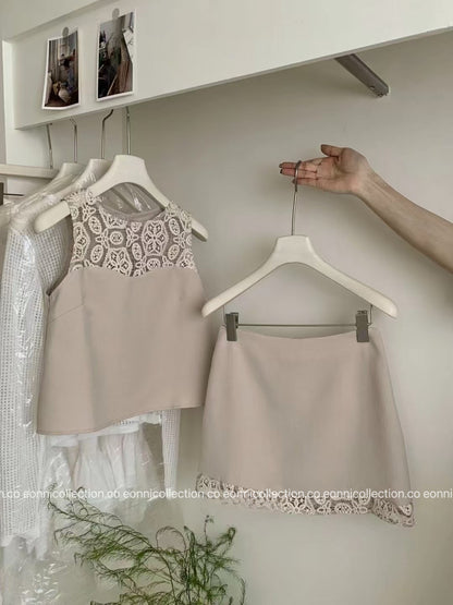#2051 Women Boucle Set With Delicate Cutwork & Lace Coordinates