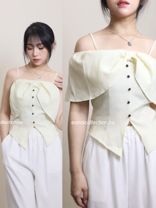 #1036 Elegant Bow Neckline Slim Top - Beige