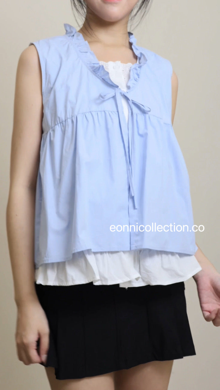 #1054 Korean Style Mock Two Piece Ruffled Sleeveless Blouse - Blue