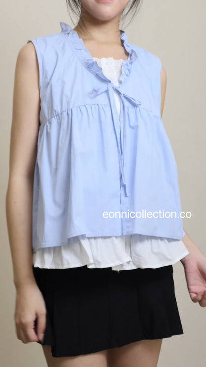 #1054 Korean Style Mock Two Piece Ruffled Sleeveless Blouse - Blue