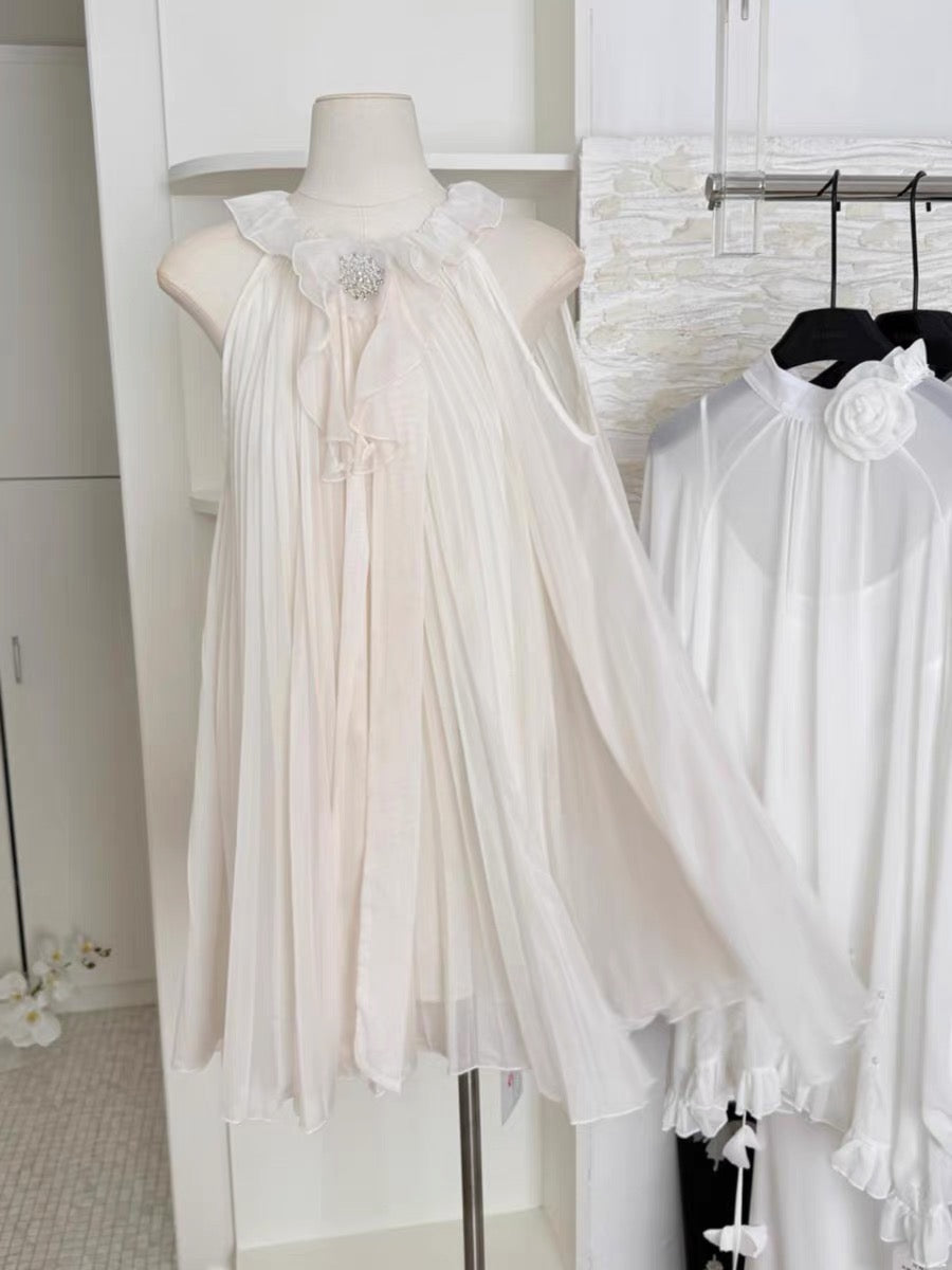 #2038 Draped Chiffon Gown Artistic 3D Floral Applique & Asymmetric Pleated Hem