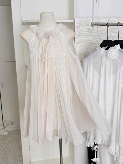 #2038 Draped Chiffon Gown Artistic 3D Floral Applique & Asymmetric Pleated Hem