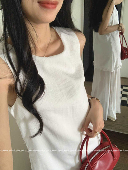 #2050 Vest Dress in Cotton Linen with Artisan Tiered Panels（3 Colors）