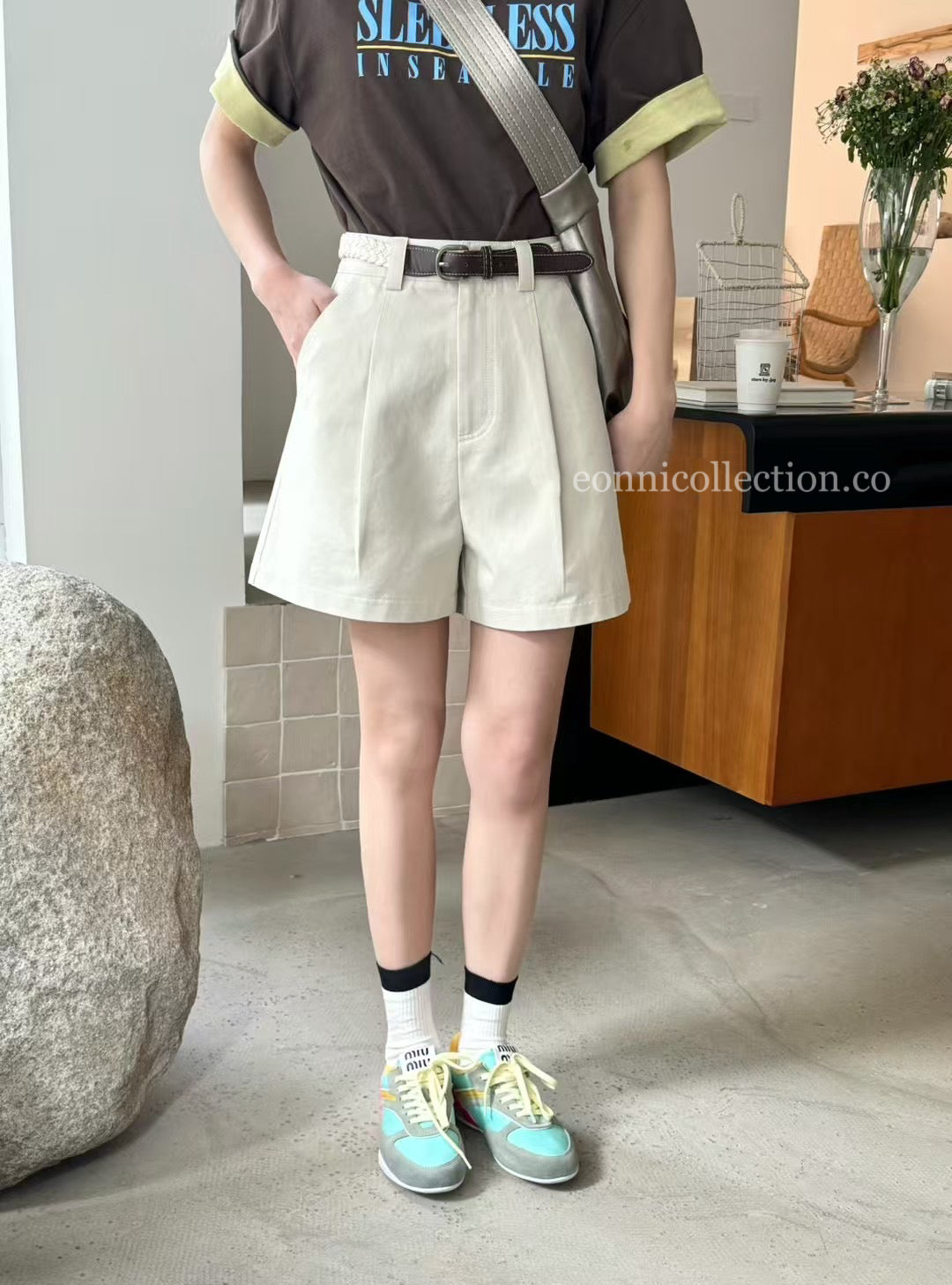 #3009 A Lined Shorts w/ Woven Waistband - Beige