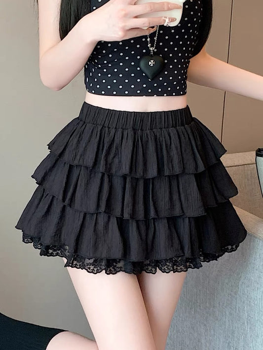 #3018 Lace Paneled A-Line Tiered Skirt - Black