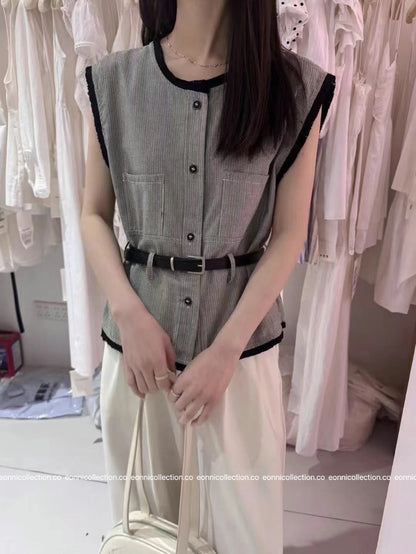 #1092 Chanel Colorblock Vest Raw Edging with Belt (2 Colors)