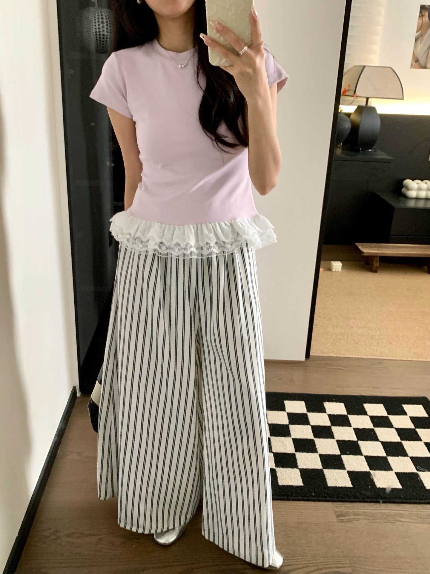 #1034 Lace-Paneled Cotton Tee - Purple
