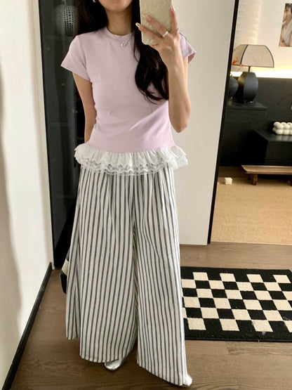 #1034 Lace-Paneled Cotton Tee - Purple
